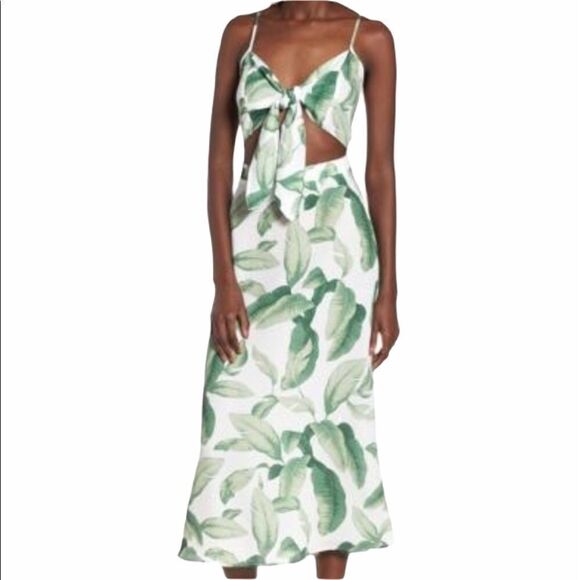 Show Me Your MuMu Green Floral Moby Front Tie Midi Dress Size X-Small - Picture 1 of 7